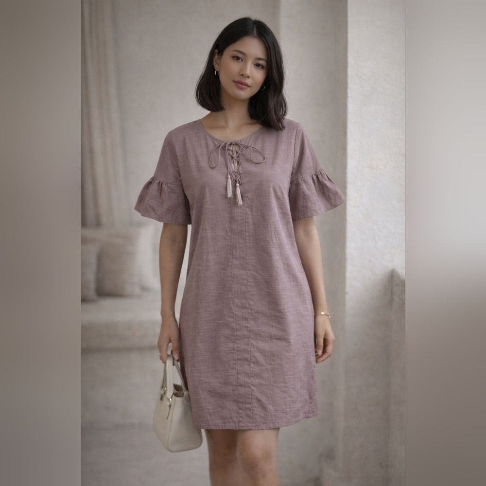Talori Shift Mauve Off White Pin Stripe Lace Up Tassel Front Flare Dress Size L